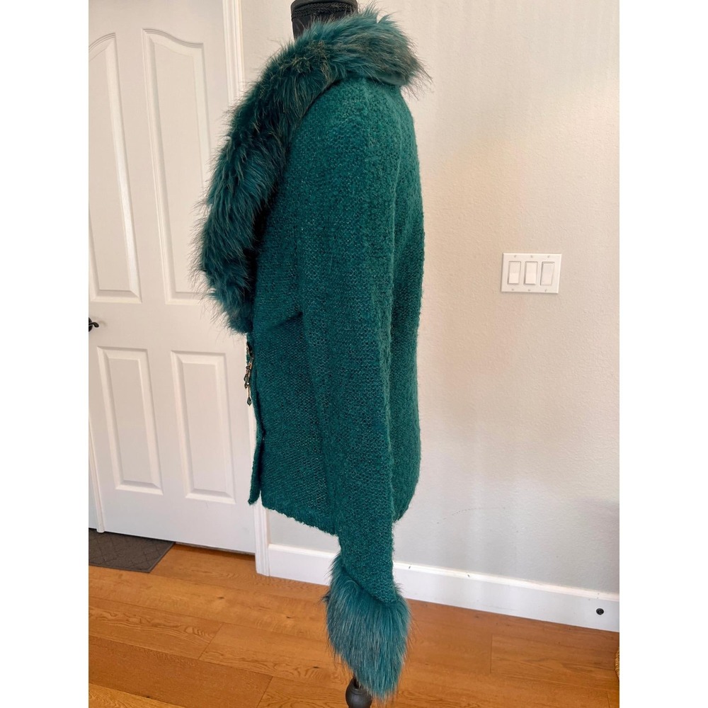 Vintage Teal Faux Fur Collar Jacket Turquoise Stone Tassel Sz S Carly St Claire - Picture 12 of 15